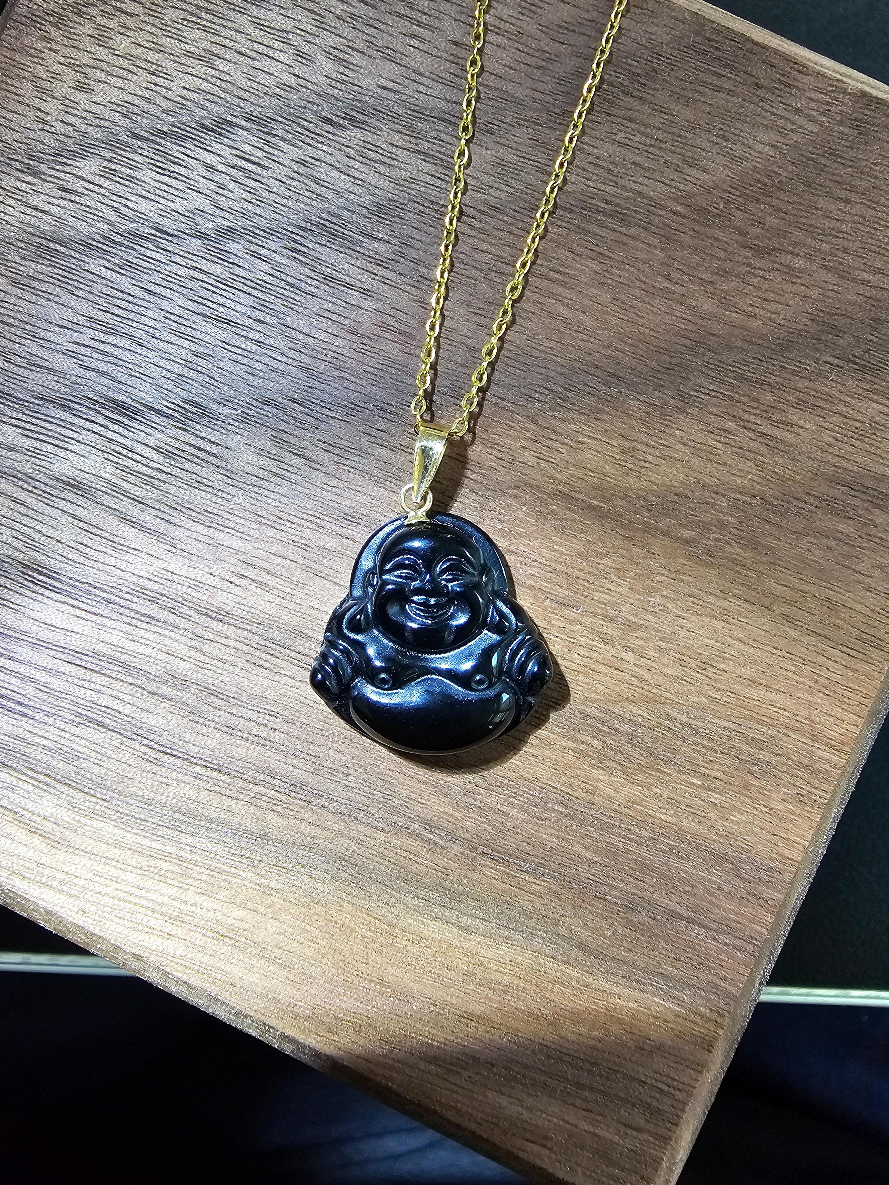 Black Onyx Laughing Buddha Pendant (With 14K Yellow Gold) For Sale 2