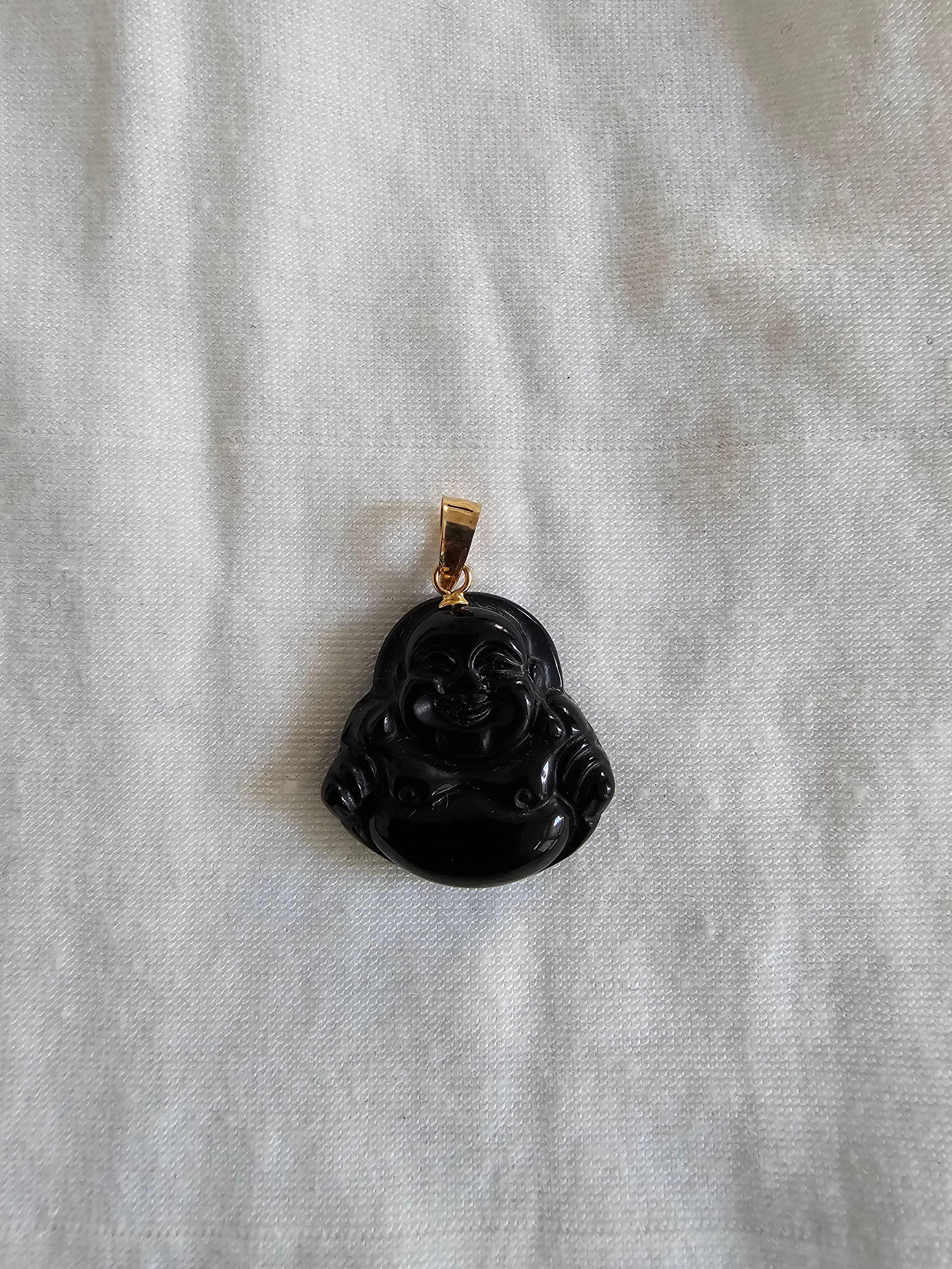 Black Onyx Laughing Buddha Pendant (With 14K Yellow Gold) For Sale 3