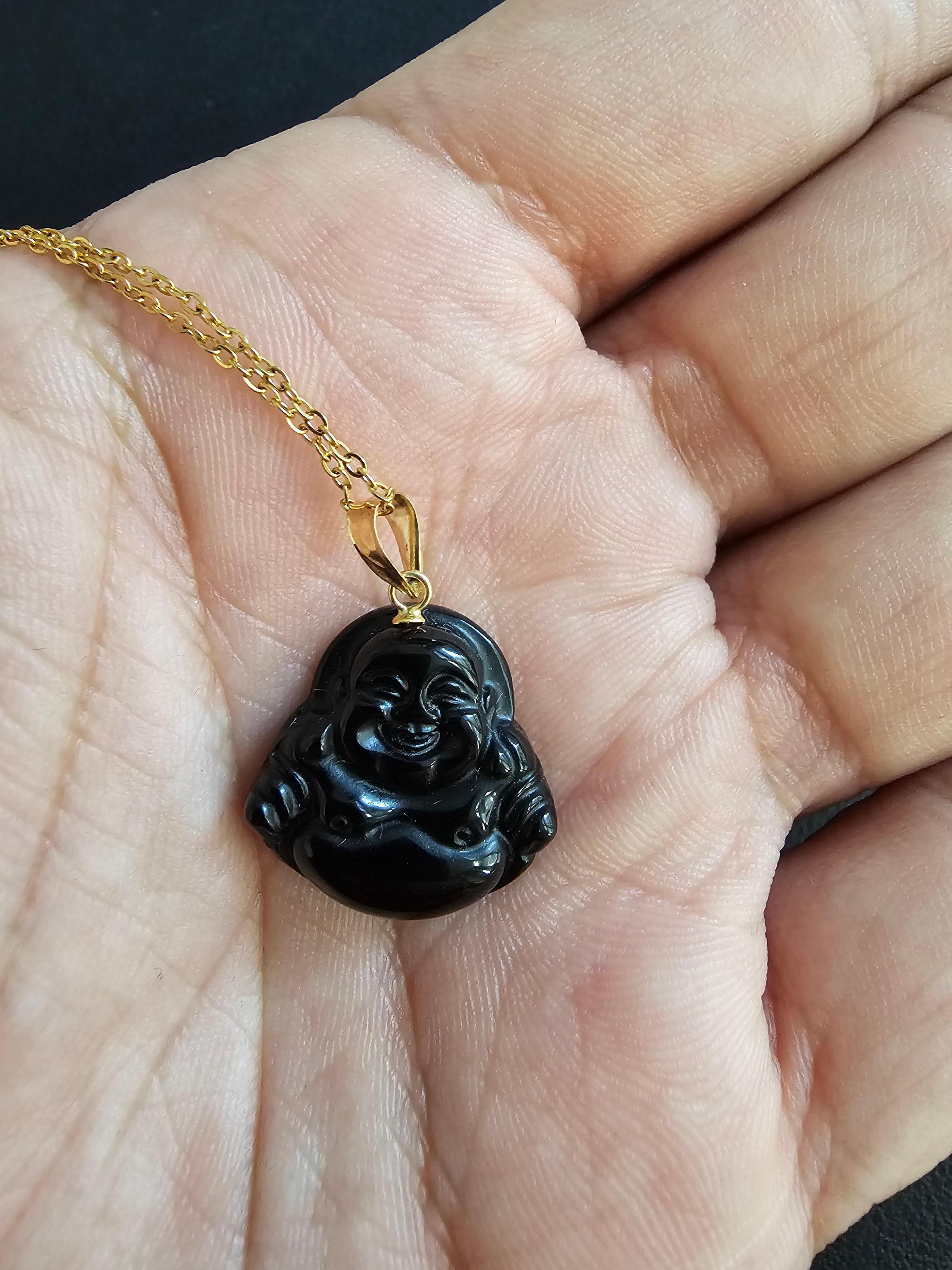Black Onyx Laughing Buddha Pendant (With 14K Yellow Gold) For Sale 4