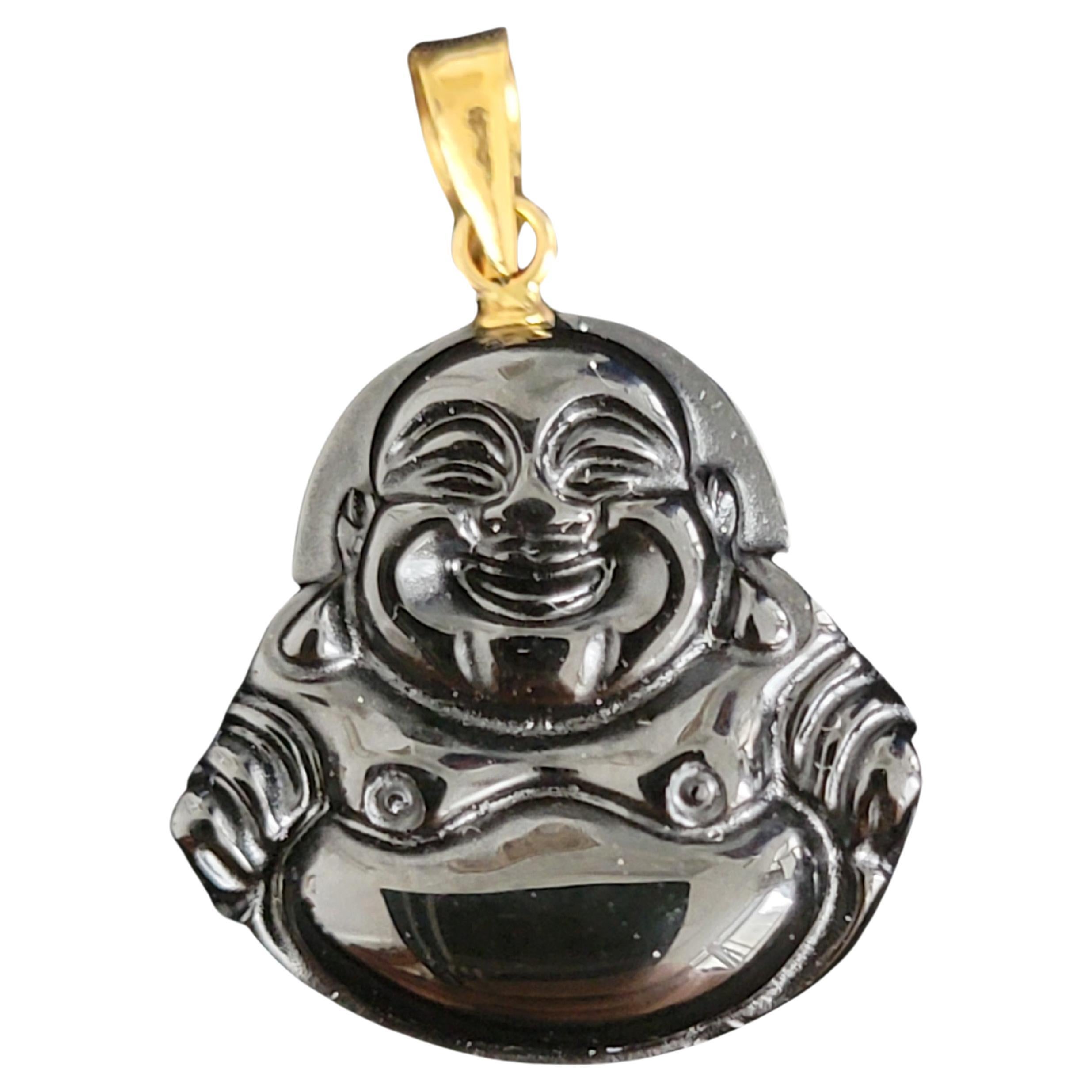 Black Onyx Laughing Buddha Pendant (With 14K Yellow Gold) For Sale