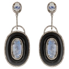 Black Onyx, Moonstone & Diamond Drop Earrings