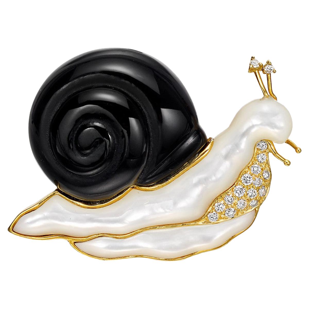 Black Onyx, Mother of Pearl and Diamond Snail Pin
