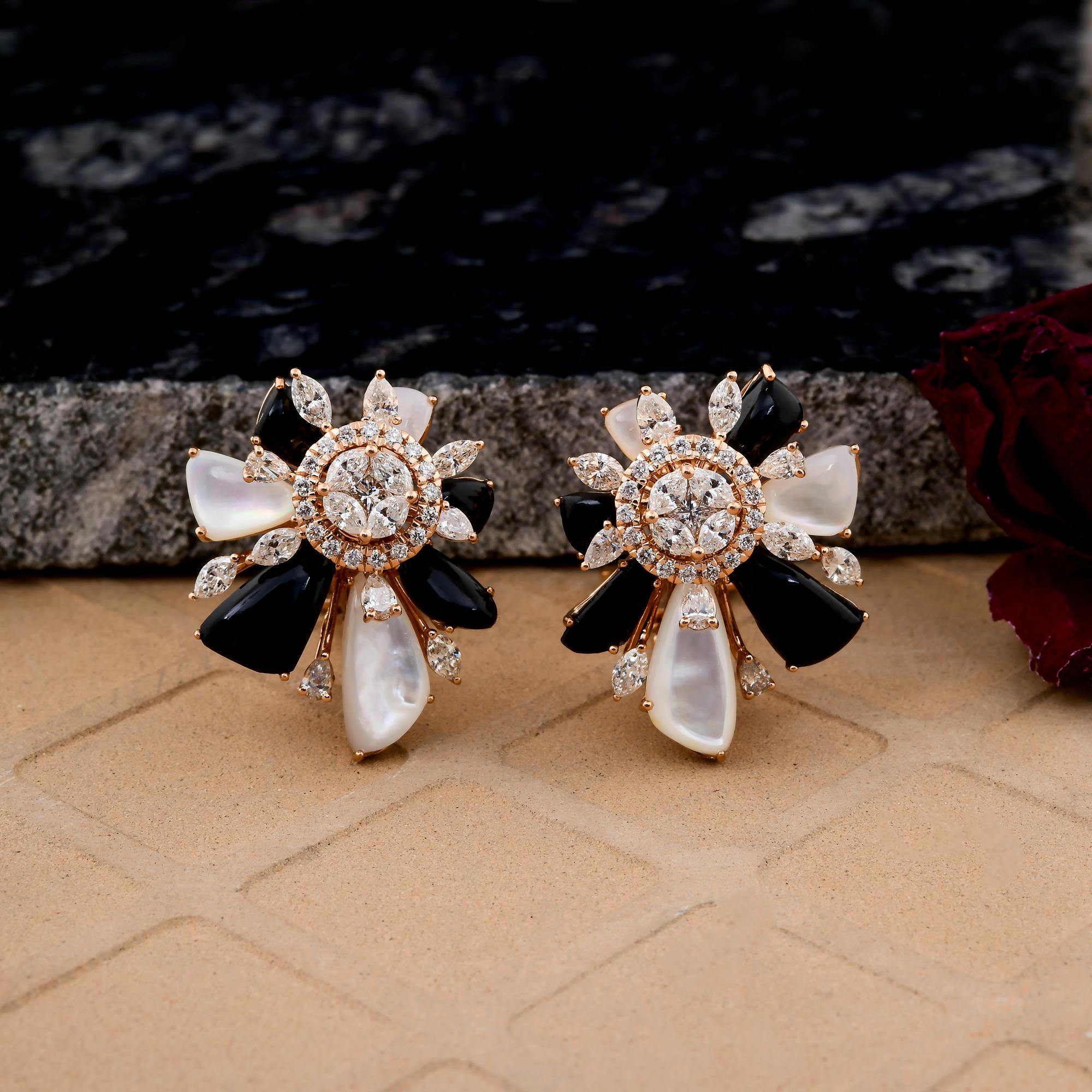 Moderno Orecchini in oro rosa 14 carati con gemma Madreperla Onice Nera SI/H Diamante in vendita