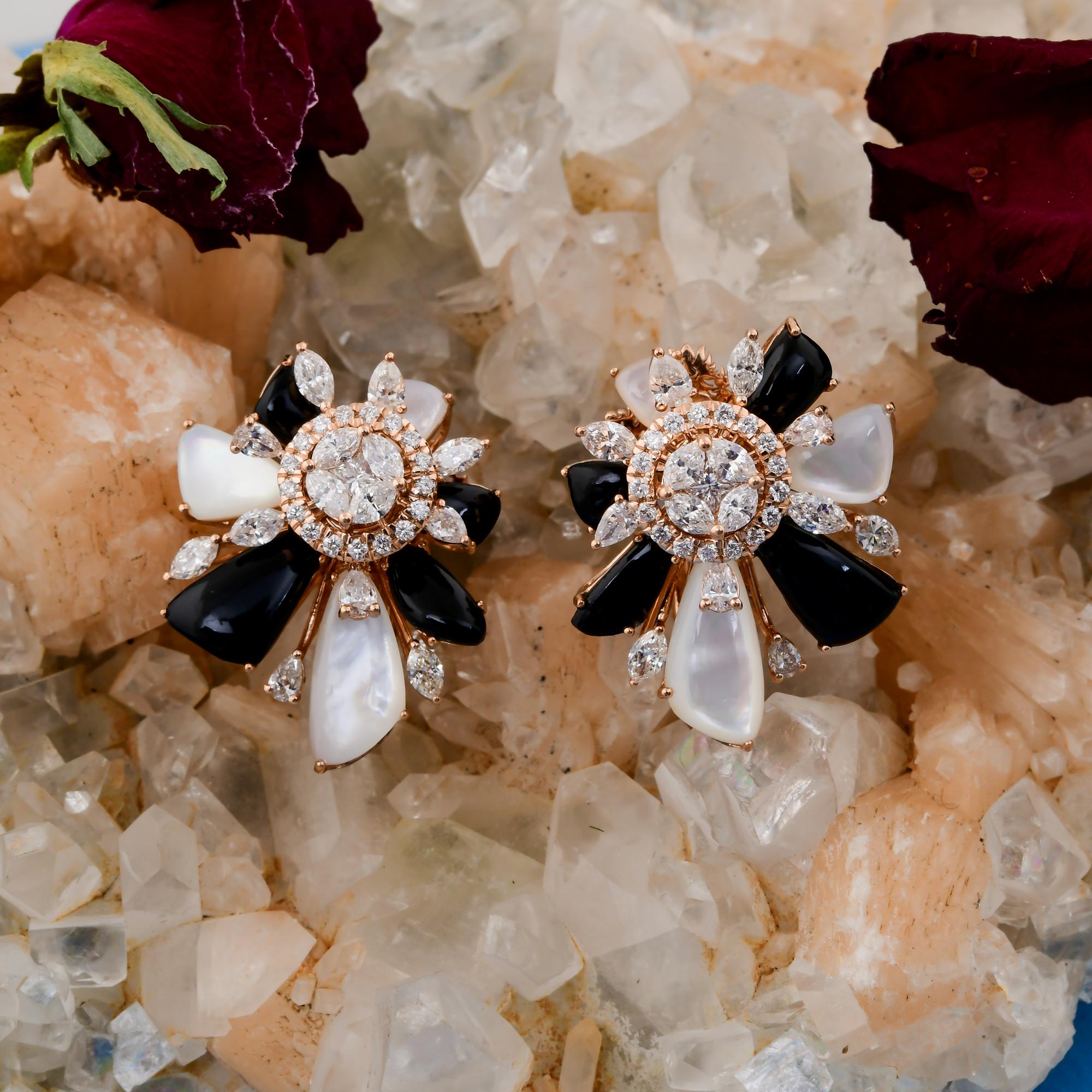 Taglio marquise Orecchini in oro rosa 14 carati con gemma Madreperla Onice Nera SI/H Diamante in vendita