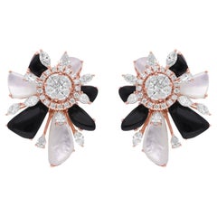 Black Onyx Mother Of Pearl Gemstone SI/H Diamond 14 Karat Rose Gold Earrings