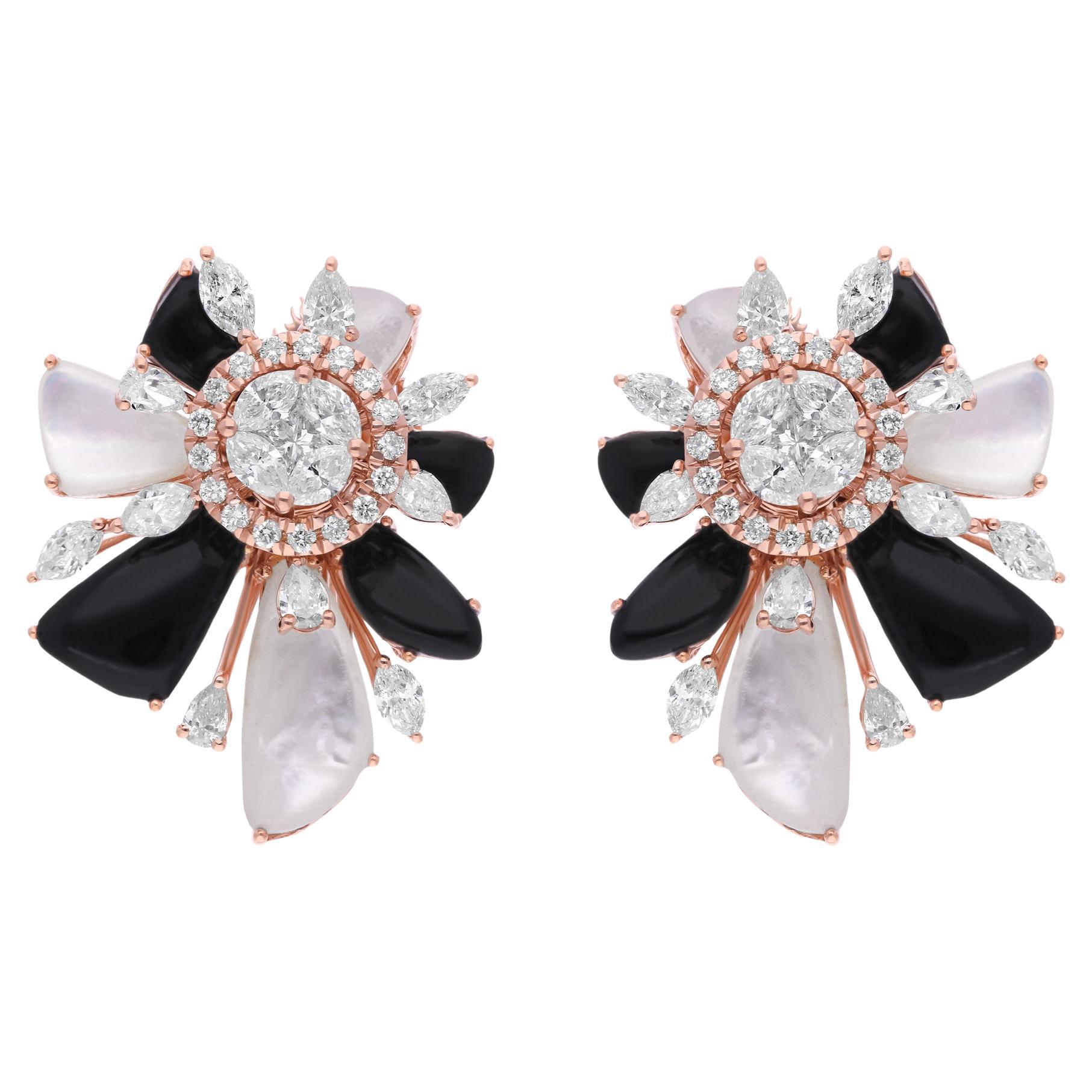 Schwarzer Onyx Perlmutt Edelstein SI/H Diamant 14 Karat Rose Gold Ohrringe