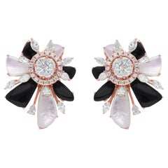 Orecchini in oro rosa 14 carati con gemma Madreperla Onice Nera SI/H Diamante