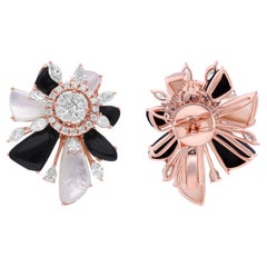 Black Onyx Mother Of Pearl Gemstone SI/H Diamond 18 Karat Rose Gold Earrings