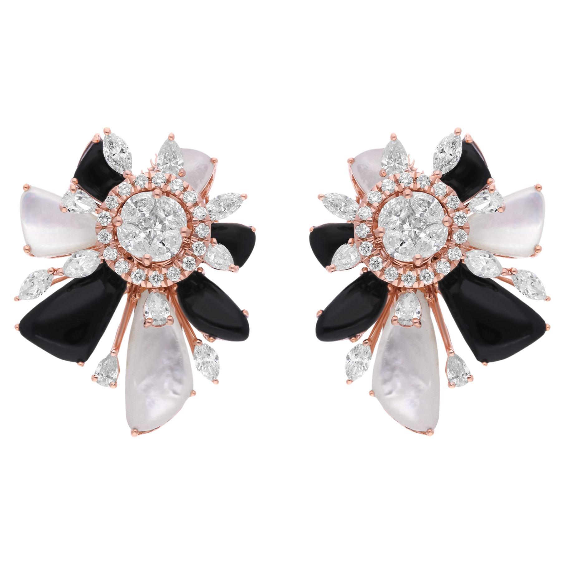 Black Onyx Mother Of Pearl Gemstone SI/H Diamond 18 Karat Rose Gold Earrings