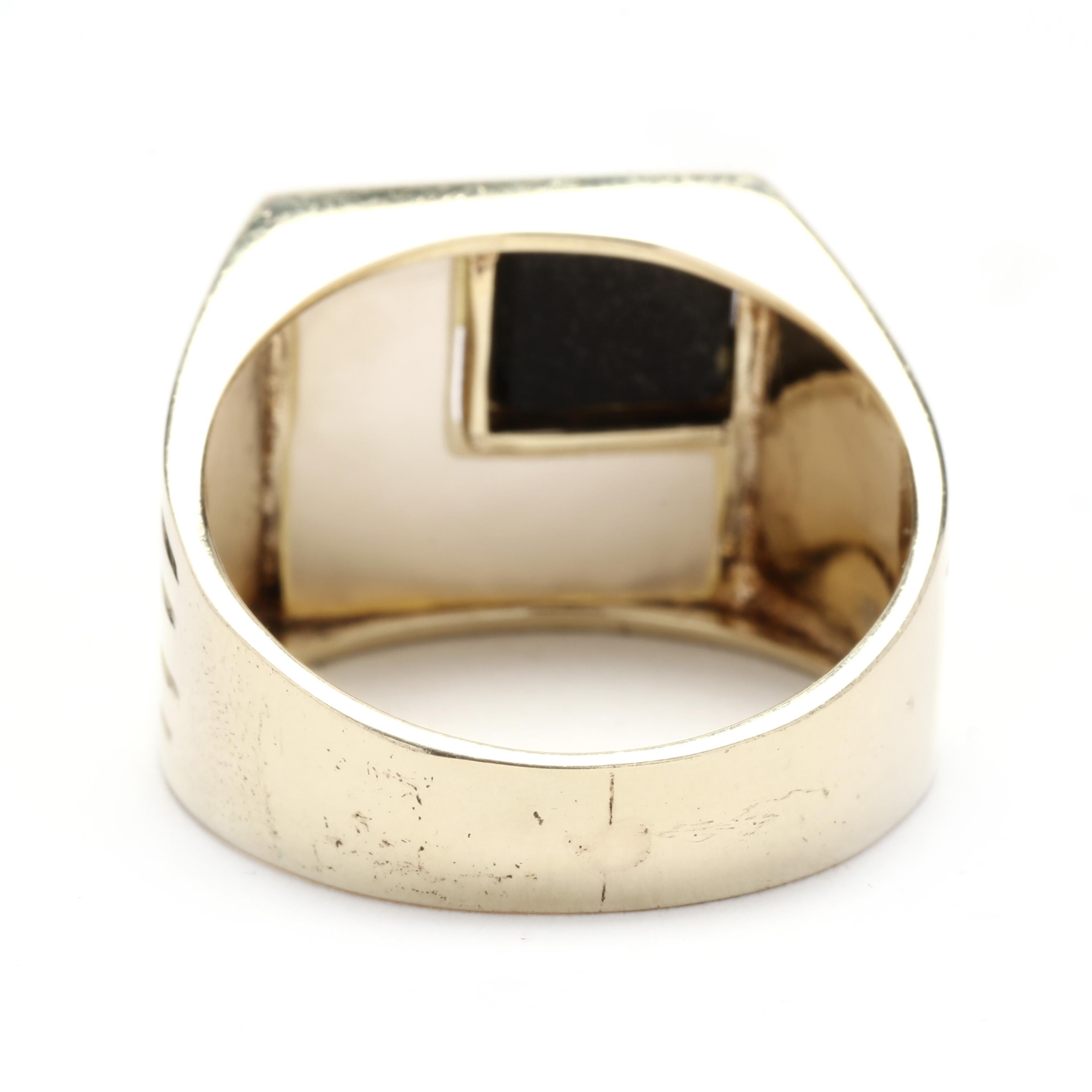 Square Cut Black Onyx Mother of Pearl Geometric Signet Ring, 14k Yellow Gold, Ring