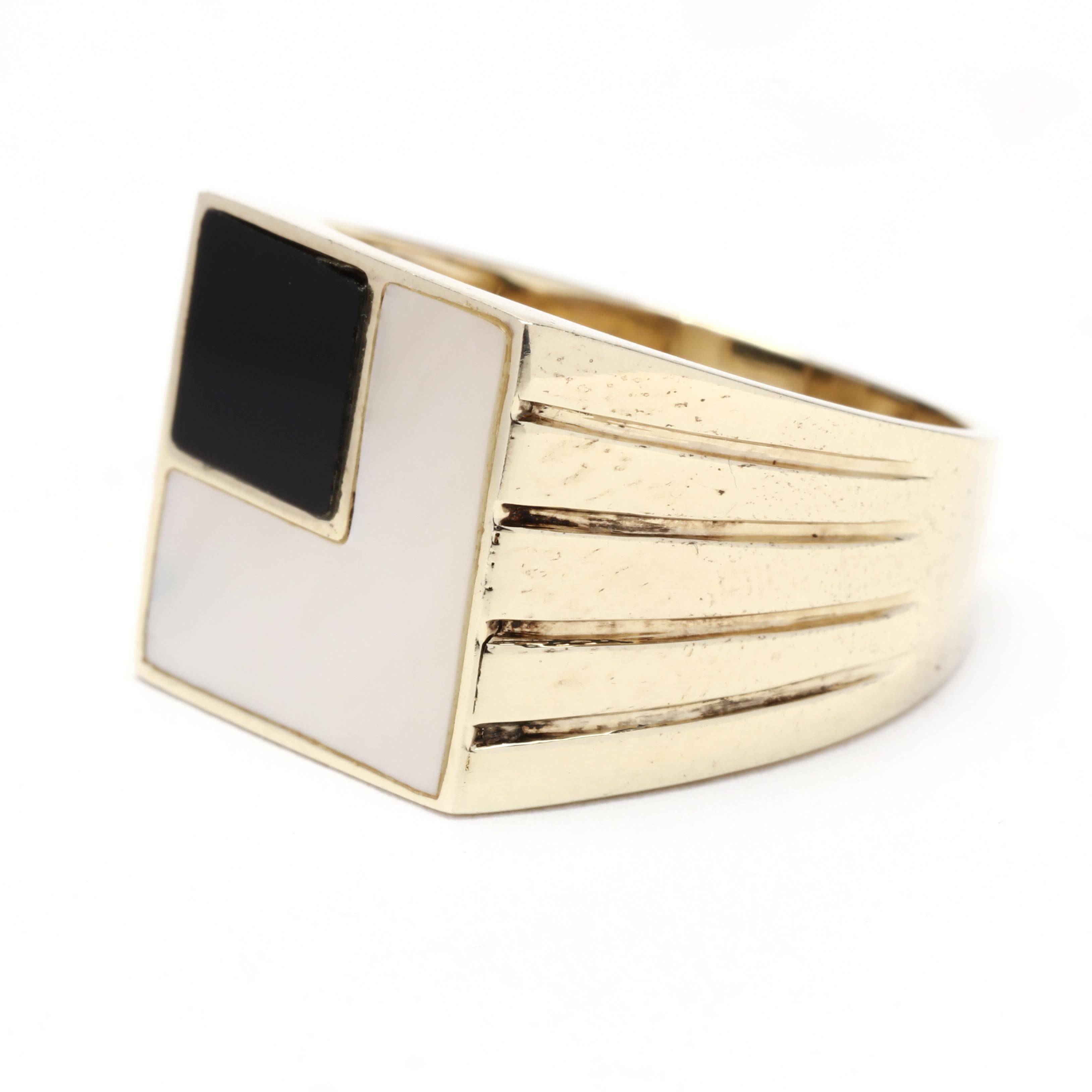 Black Onyx Mother of Pearl Geometric Signet Ring, 14k Yellow Gold, Ring In Good Condition In McLeansville, NC