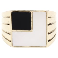 Vintage Black Onyx Mother of Pearl Geometric Signet Ring, 14k Yellow Gold, Ring