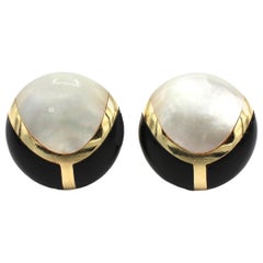 Black Onyx & Mother of Pearl Inlay Yellow Gold Button Earrings