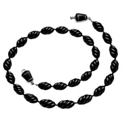 Art Deco Black Onyx Beaded Necklace, Sterling Silver Clasp, 21.5"