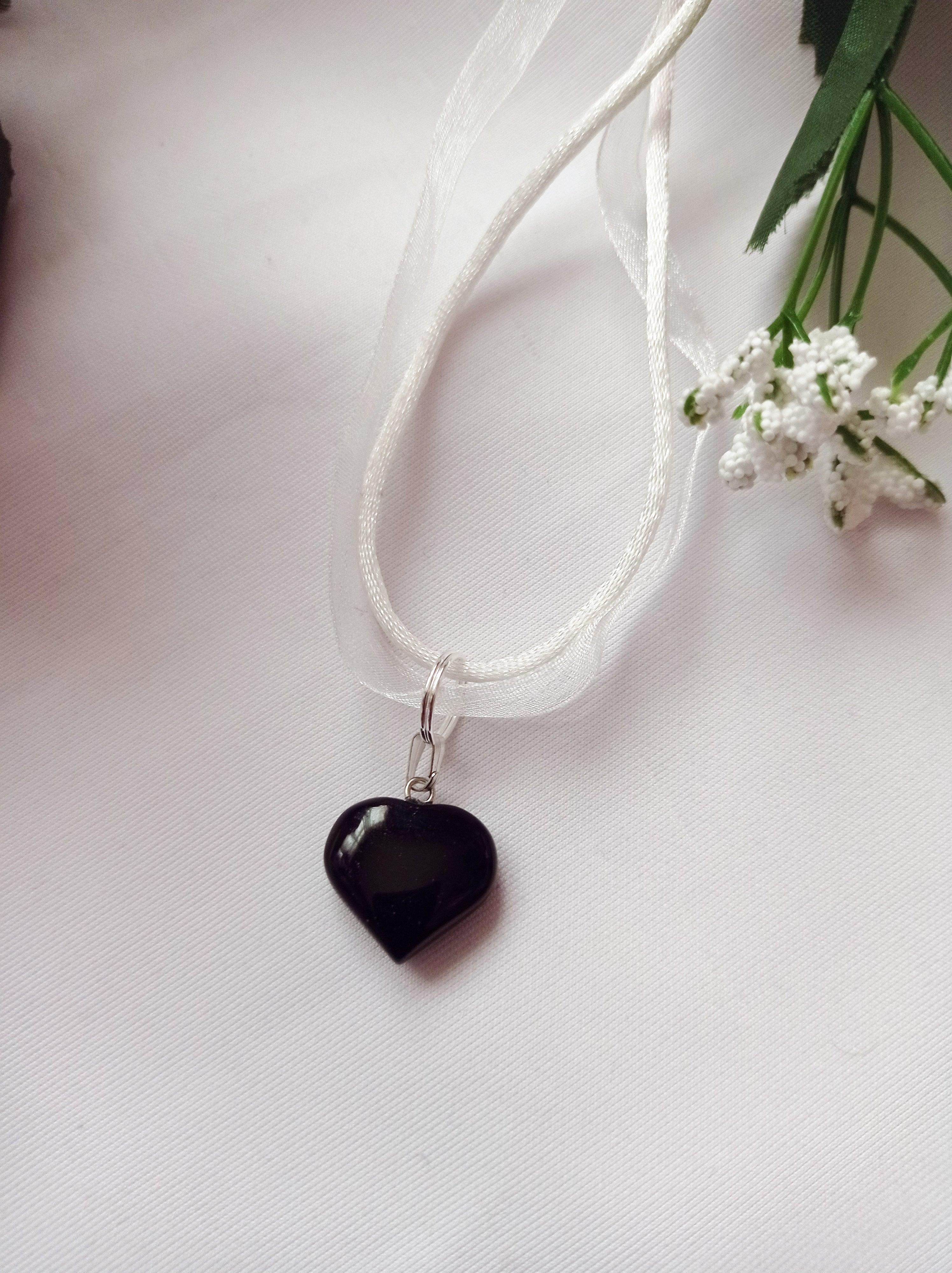 Women's Black Onyx Necklace, White Ribbon Necklace, Gemstone Necklace For Sale