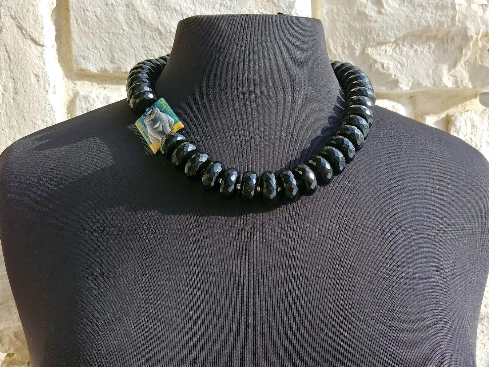 Women's Black Onyx Necklace With Hand Painted Bead Agate For Sale