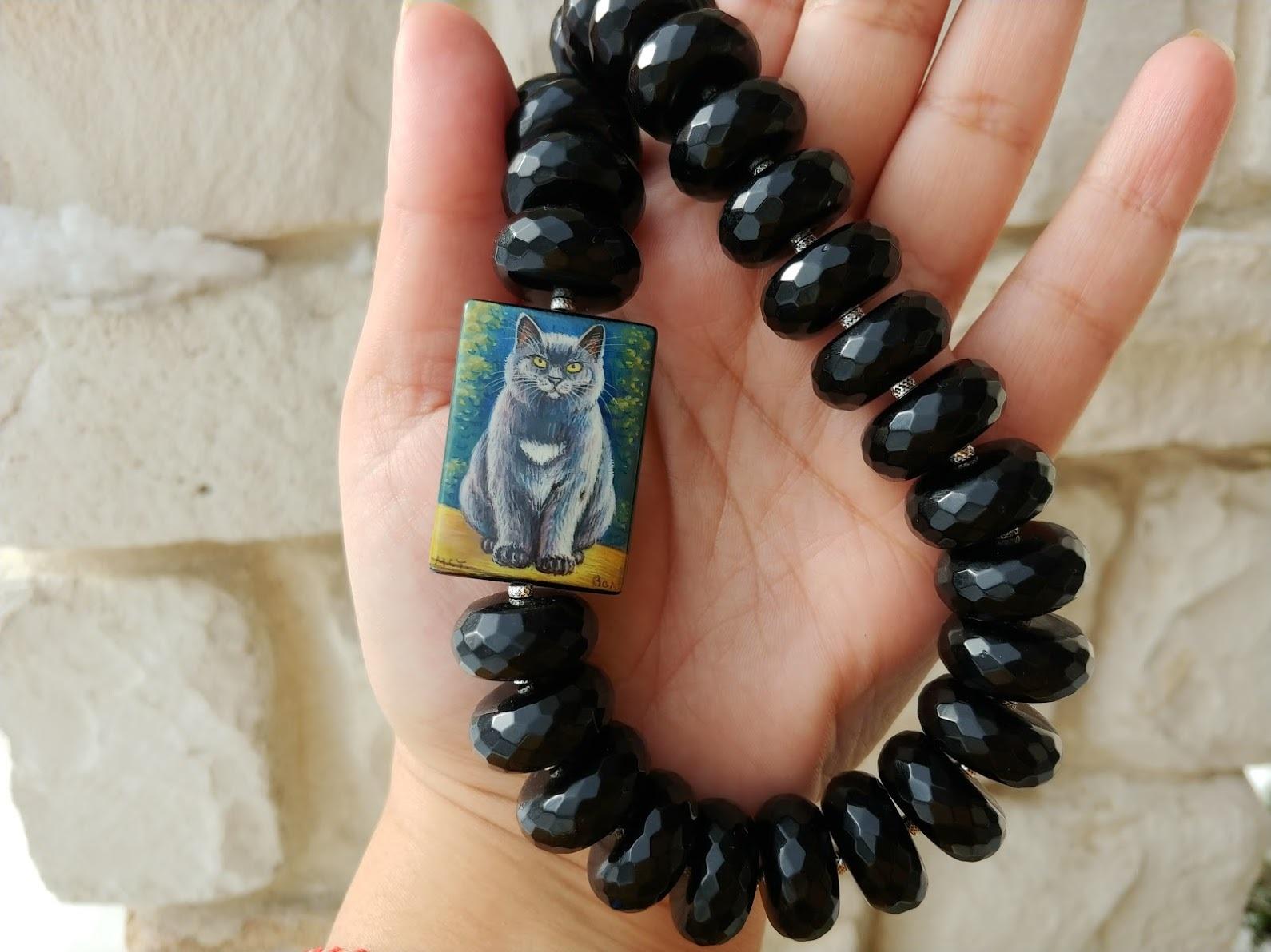 Black Onyx Necklace With Hand Painted Bead Agate For Sale 2