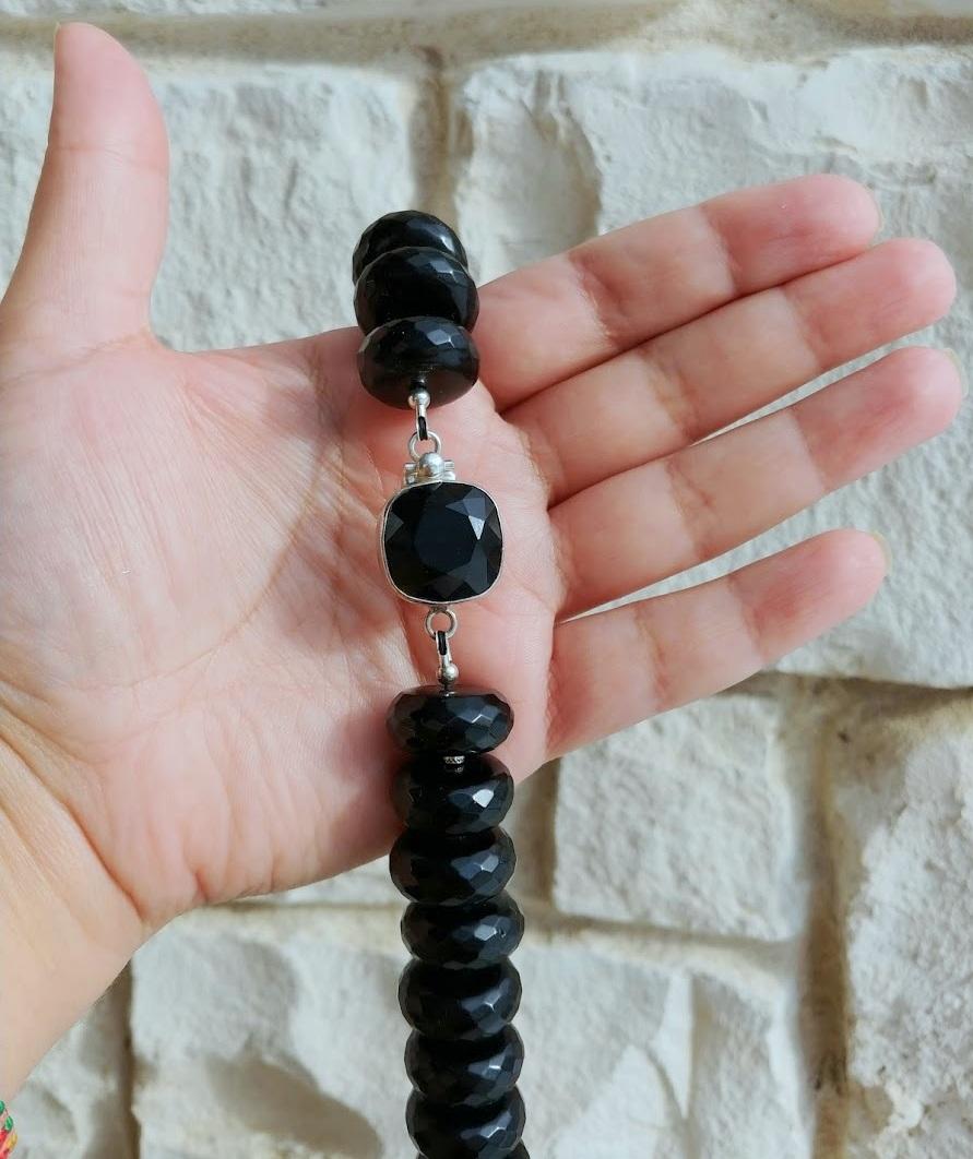 Black Onyx Necklace With Hand Painted Bead Agate For Sale 3