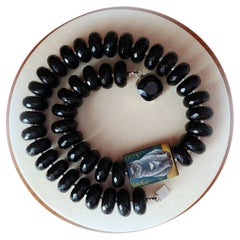Used Black Onyx Necklace With Hand Painted Bead Agate