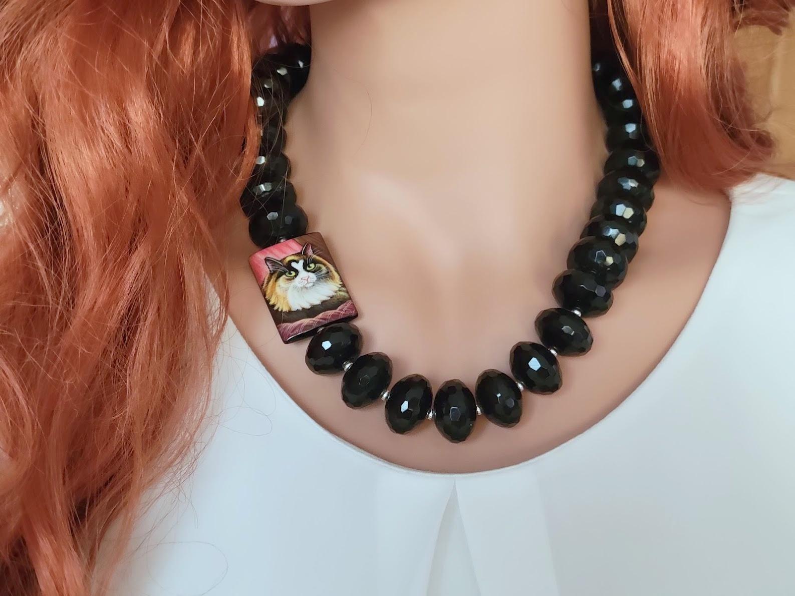 Black Onyx Necklace With Hand Painted Bead On Black Rectangular Agate In Excellent Condition For Sale In Chesterland, OH