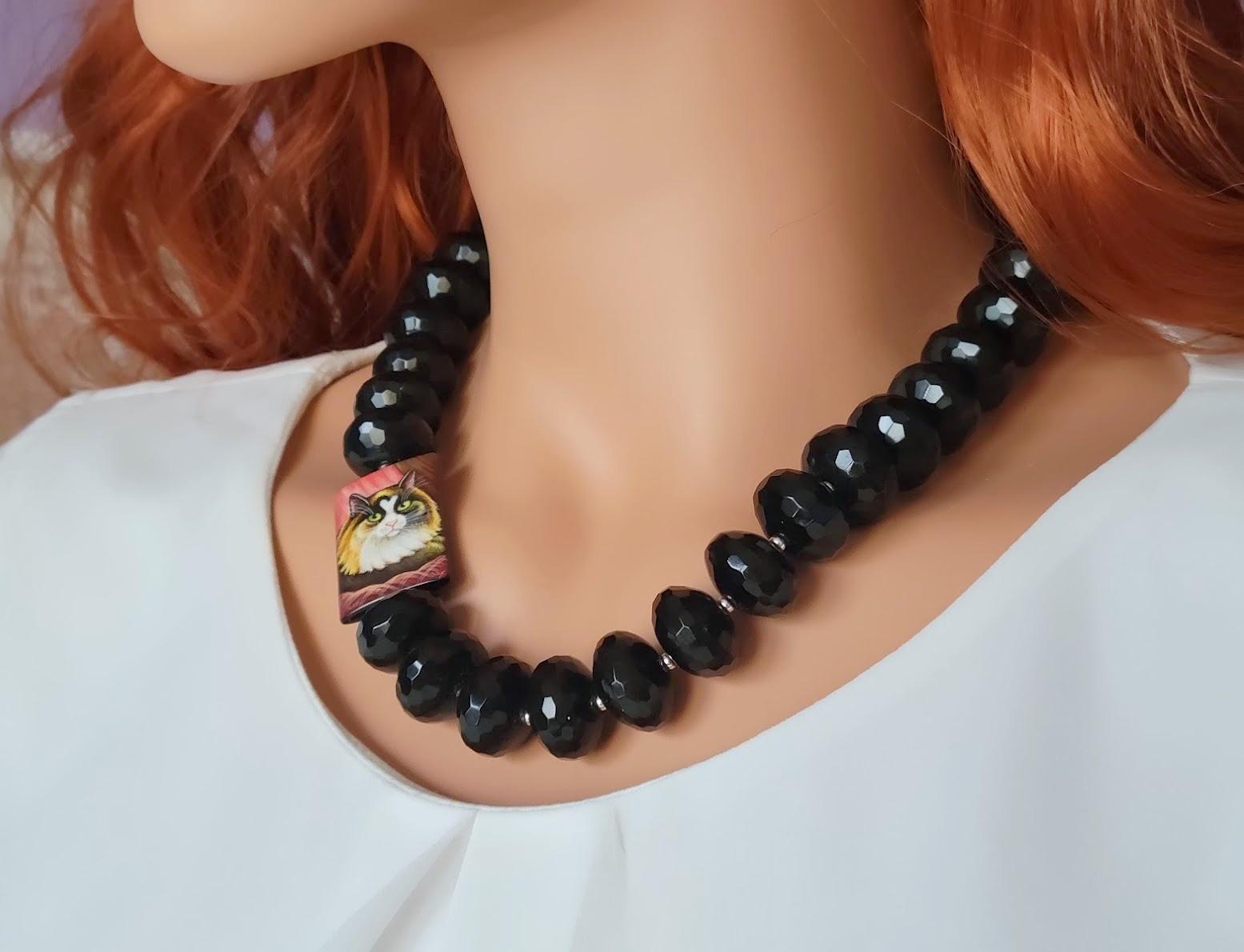 Women's Black Onyx Necklace With Hand Painted Bead On Black Rectangular Agate For Sale