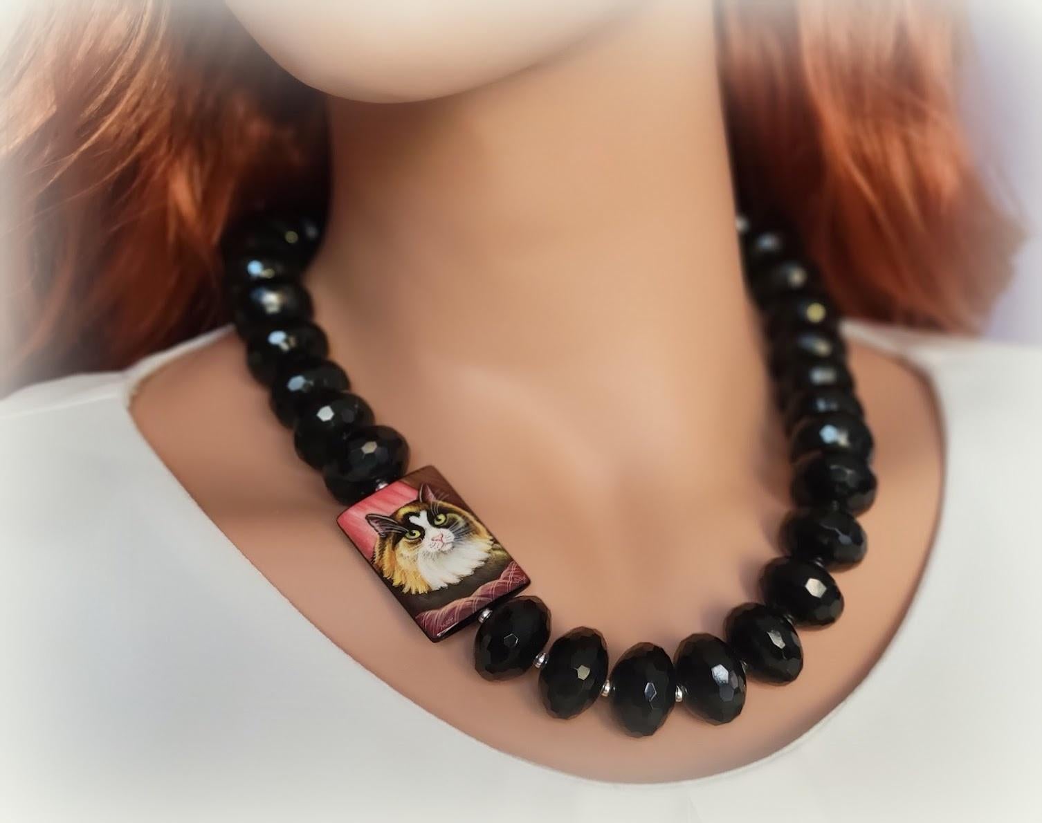 Black Onyx Necklace With Hand Painted Bead On Black Rectangular Agate For Sale 1
