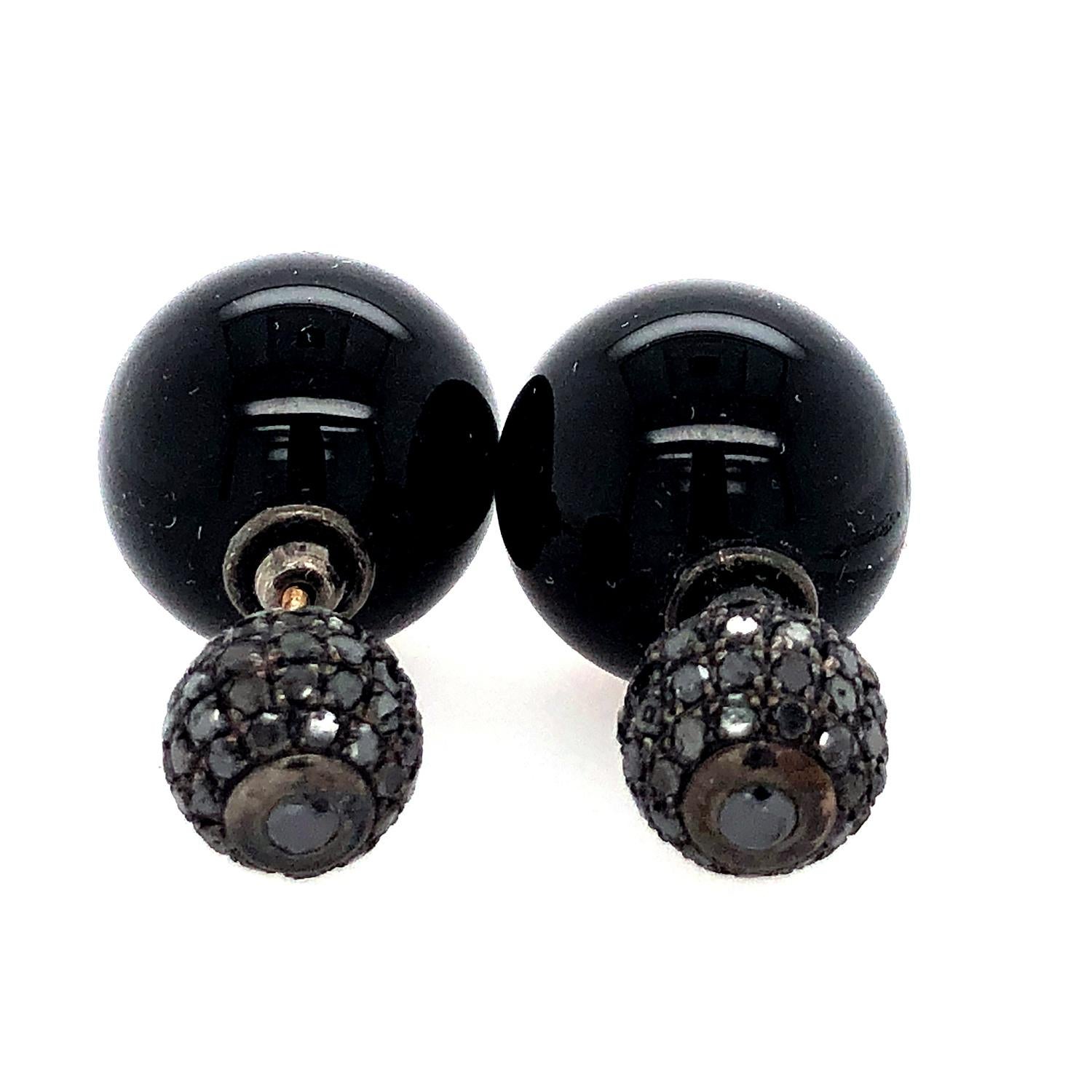 Artisan Black Onyx & Pave Diamond Ball Tunnel Earrings Made In 14k Gold & Silver For Sale
