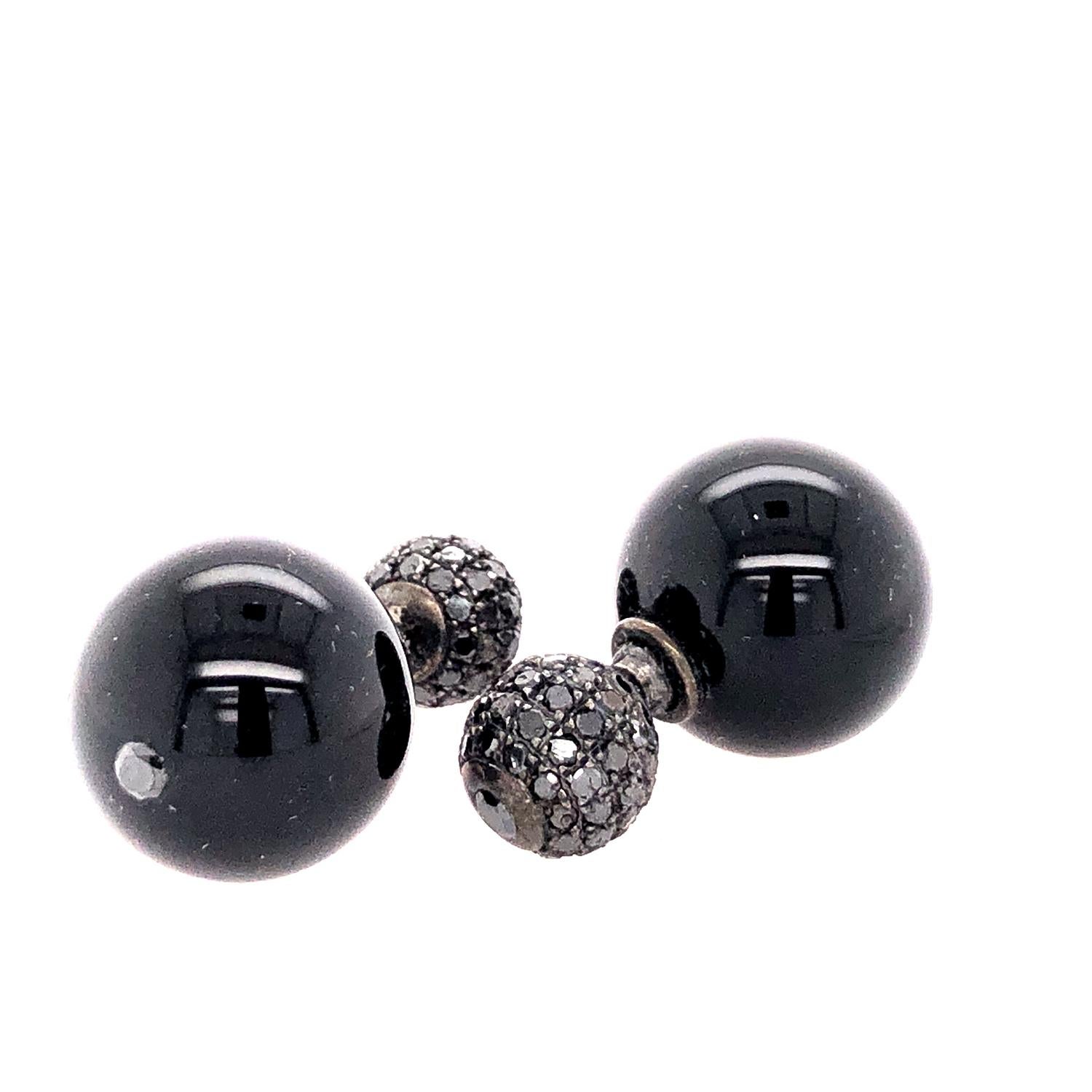 Artisan Black Onyx & Pave Diamond Ball Tunnel Earrings Made In 14k Gold & Silver For Sale