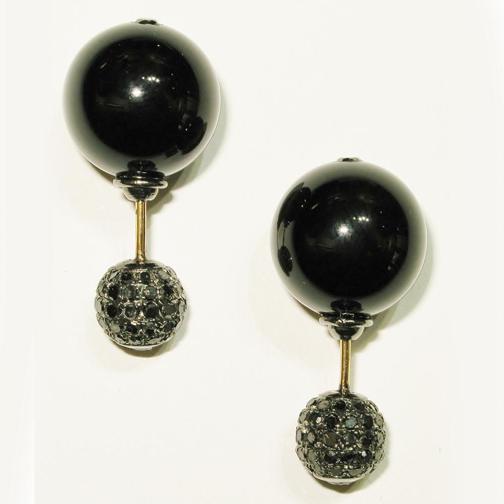 Mixed Cut Black Onyx & Pave Diamond Ball Tunnel Earrings Made In 14k Gold & Silver For Sale