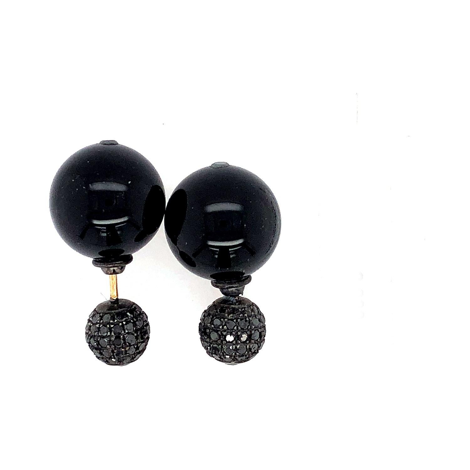 Black Onyx & Pave Diamond Ball Tunnel Earrings Made In 14k Gold & Silver In New Condition For Sale In New York, NY