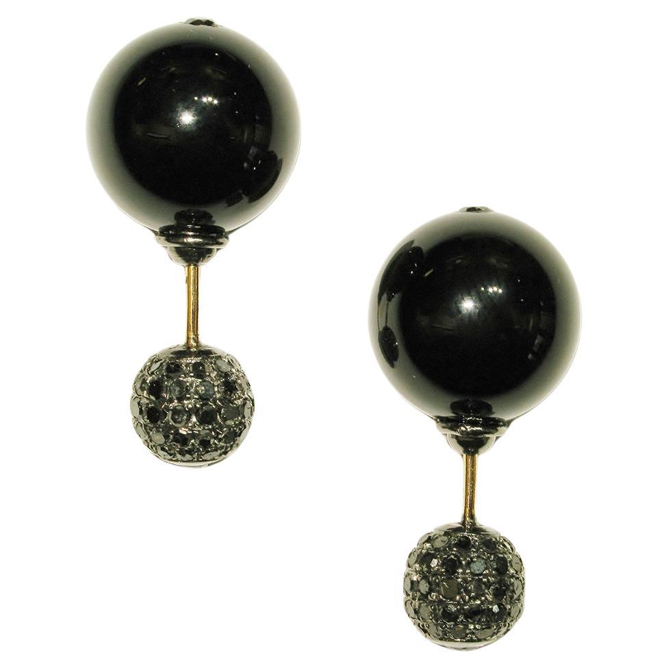 Black Onyx & Pave Diamond Ball Tunnel Earrings Made In 14k Gold & Silver For Sale