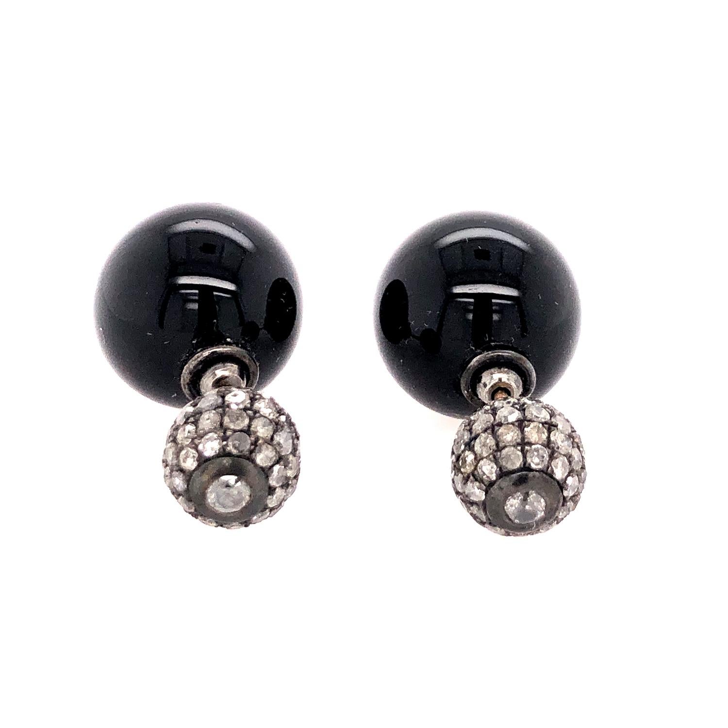 Artisan Black Onyx & Pave Diamond Tunnel Earring Made In Gold & Silver For Sale