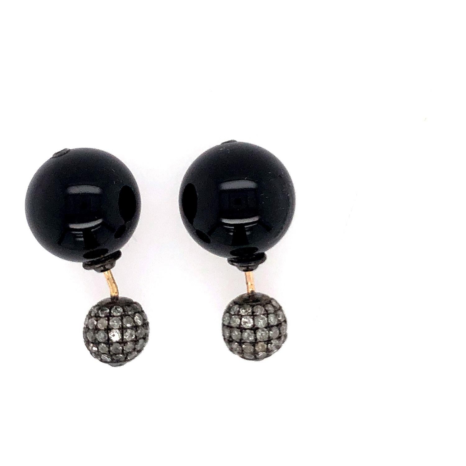 Mixed Cut Black Onyx & Pave Diamond Tunnel Earring Made In Gold & Silver For Sale