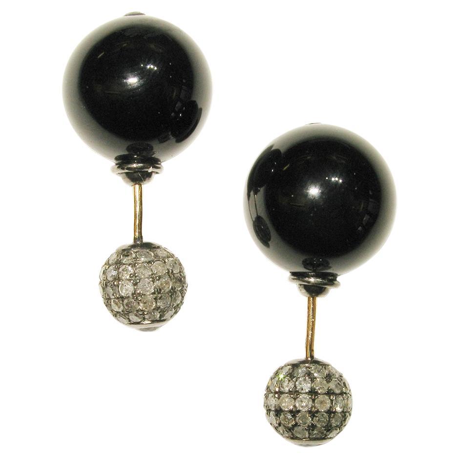 Black Onyx & Pave Diamond Tunnel Earring Made In Gold & Silver For Sale