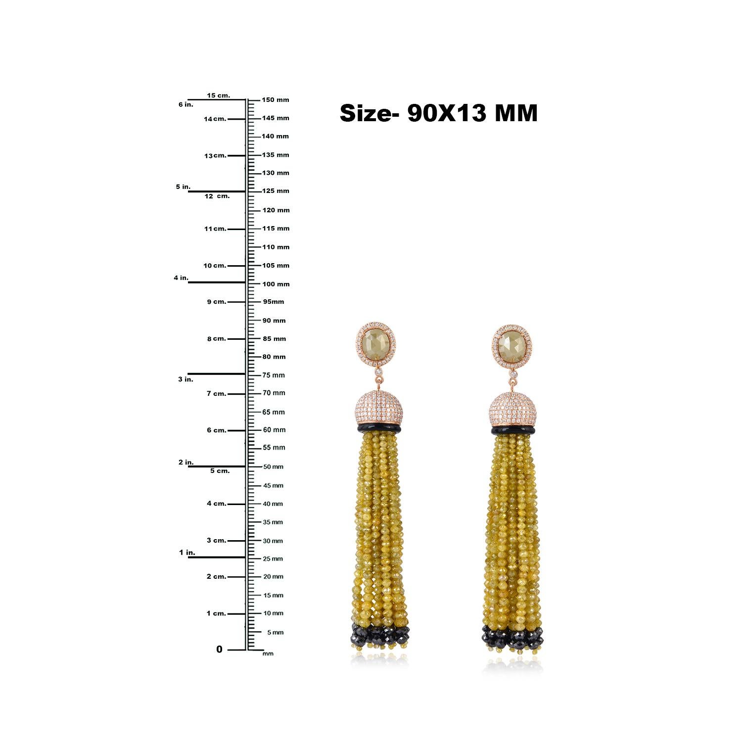 Mixed Cut Yellow Diamond Tassel Earrings With White Diamond Pave Cap Made In 18k Rose Gold For Sale