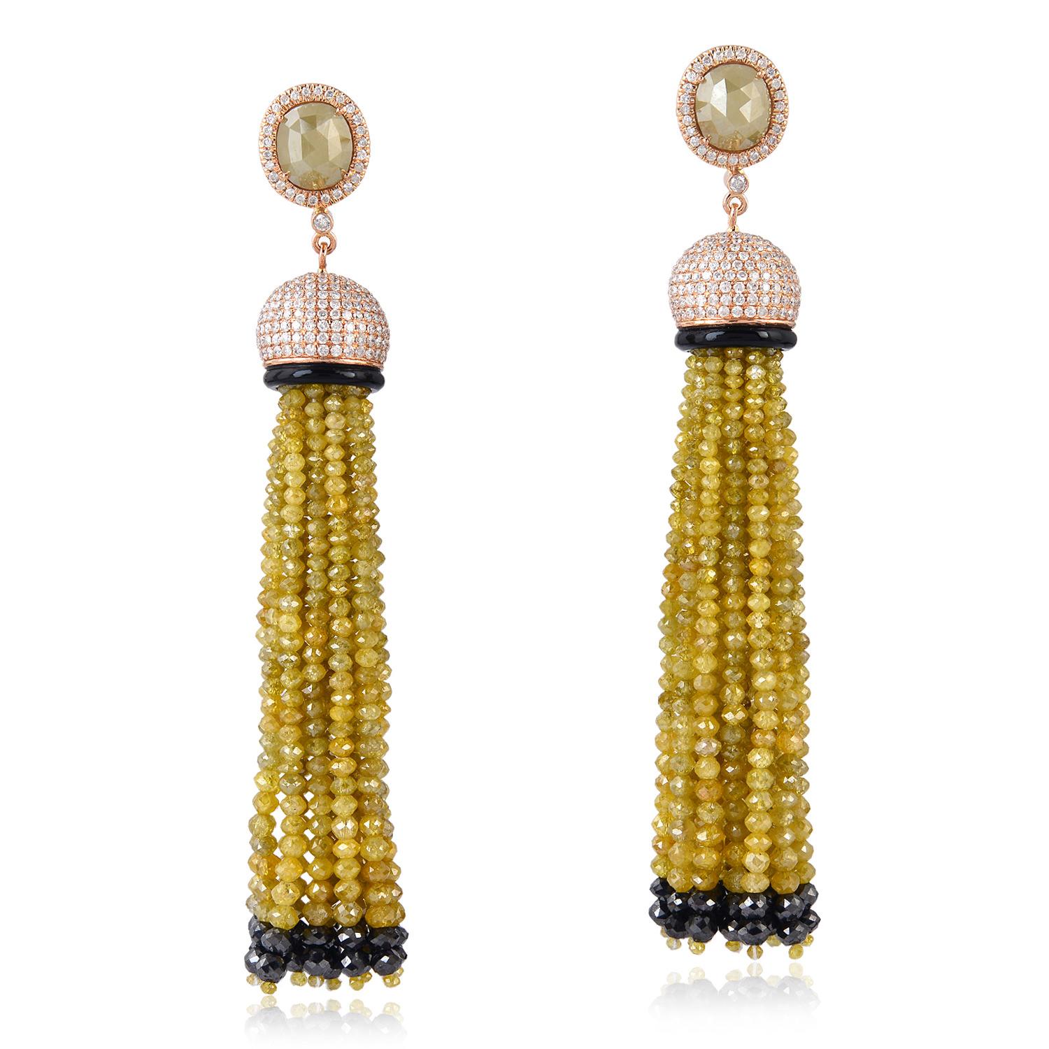 Yellow Diamond Tassel Earrings With White Diamond Pave Cap Made In 18k Rose Gold In New Condition For Sale In New York, NY