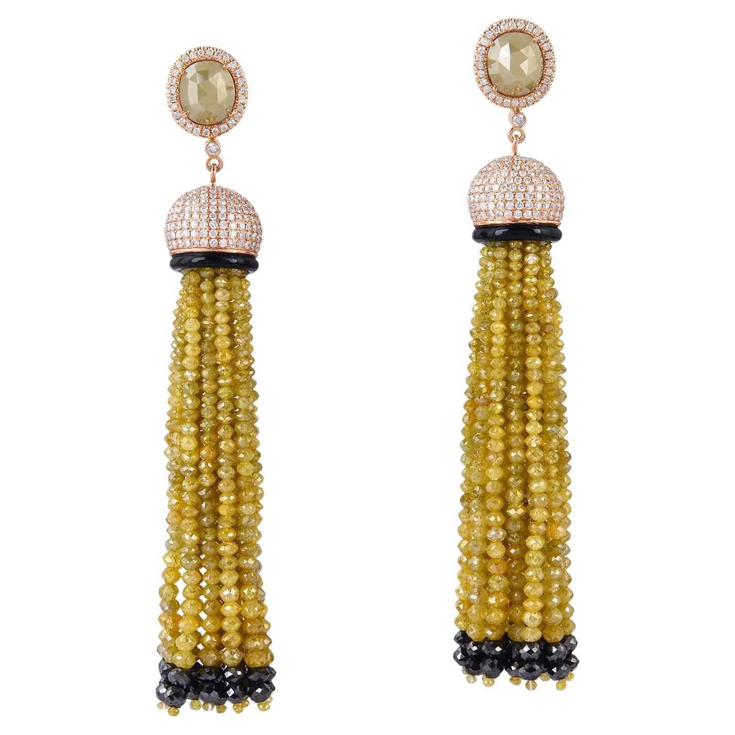 Yellow Diamond Tassel Earrings With White Diamond Pave Cap Made In 18k Rose Gold For Sale