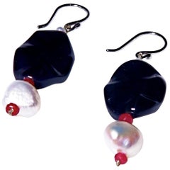 Black Onyx, Pearl and Ruby Drop Earrings on a 18 Karat White Gold Earwire