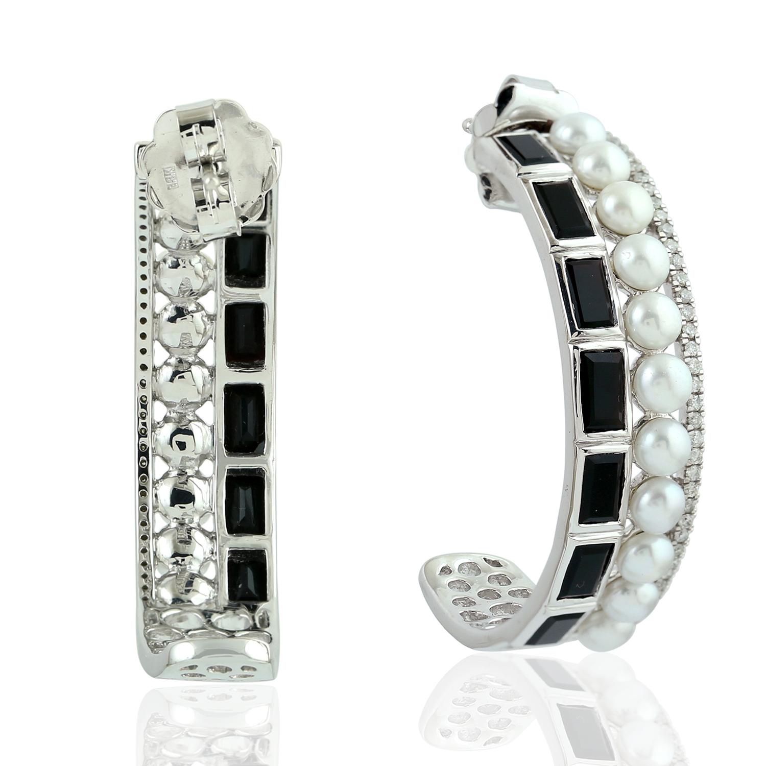 Contemporary Black Onyx & Pearl Earrings With Diamonds Made In 18k White Gold For Sale