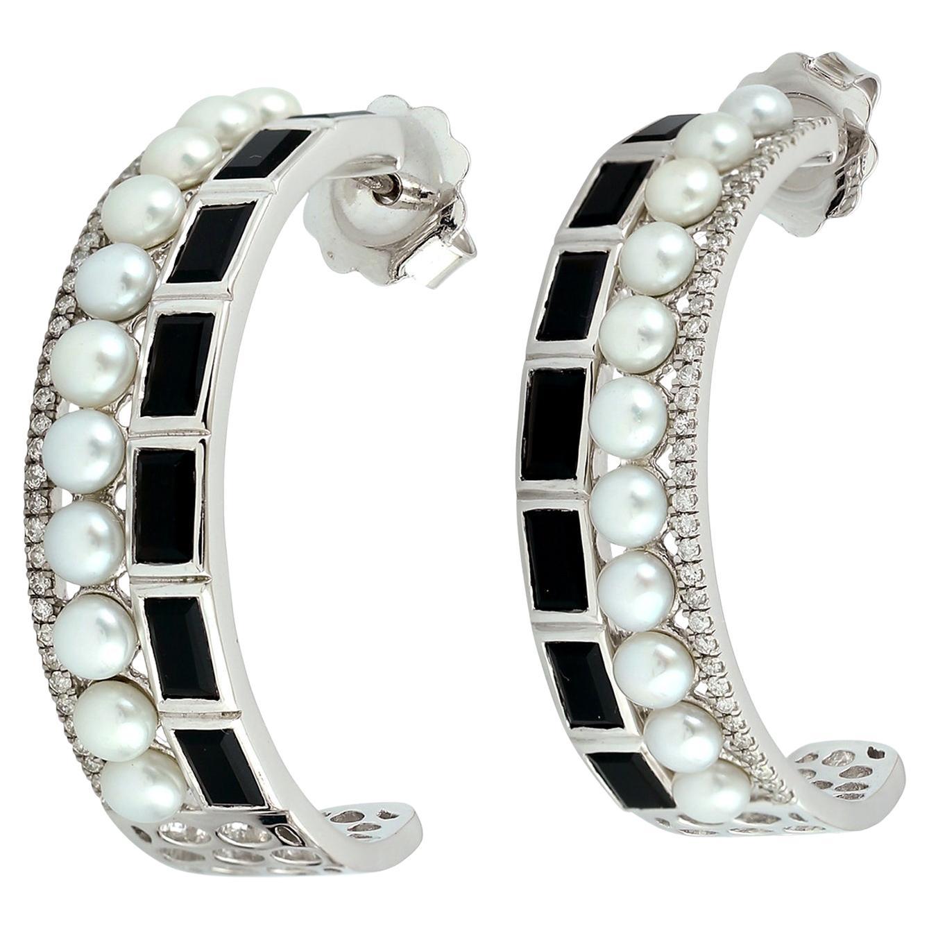 Black Onyx & Pearl Earrings With Diamonds Made In 18k White Gold For Sale