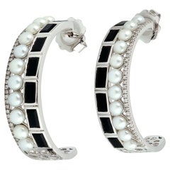 Black Onyx & Pearl Earrings With Diamonds Made In 18k White Gold