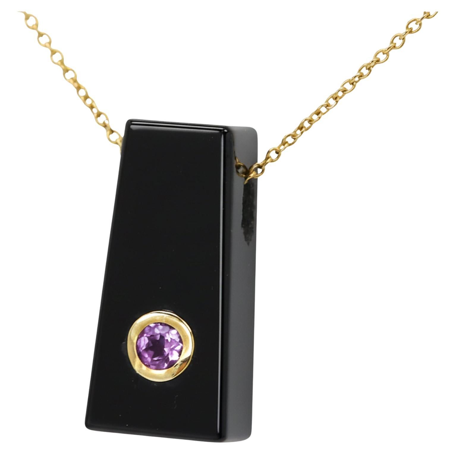 Pendentif Onyx noir Pierre Améthyste violette Or jaune 14 carats en vente
