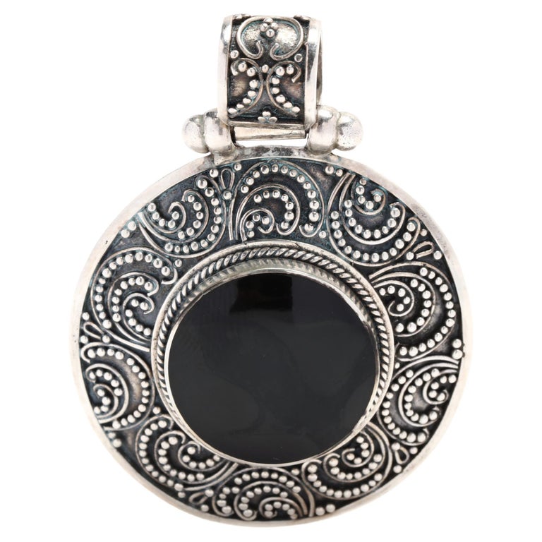 Black Onyx Pendant, Sterling Silver, Length 1 7/8 Inches, Vintage Onyx