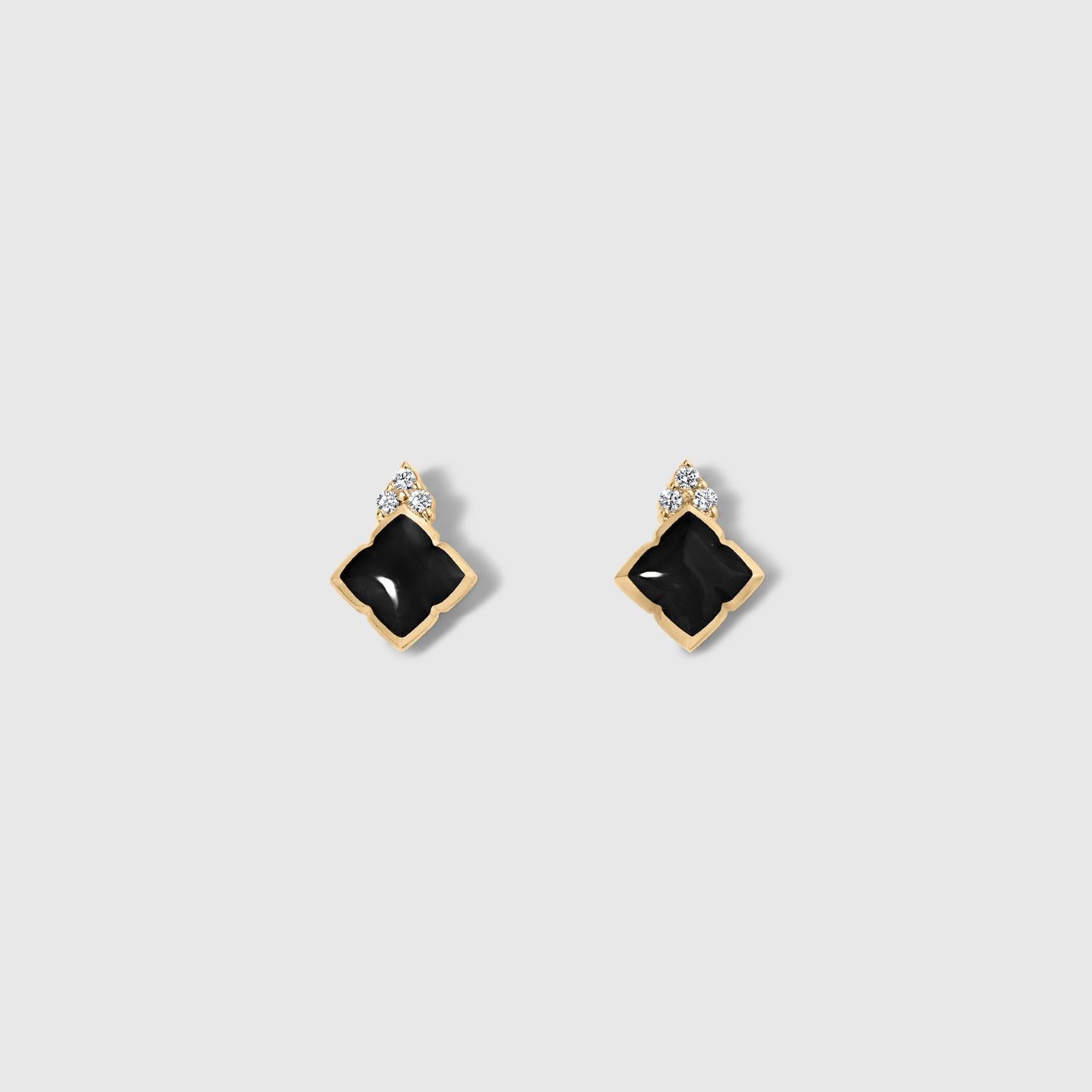 Cabochon Black Onyx Post Earrings with Diamond Detail, 14 Karat Yellow Gold, by Kabana For Sale