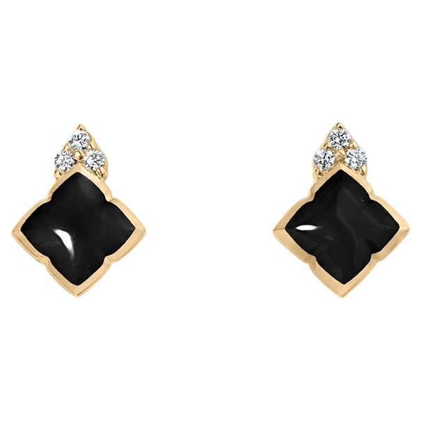 Black Onyx Post Earrings with Diamond Detail, 14 Karat Yellow Gold, by Kabana For Sale