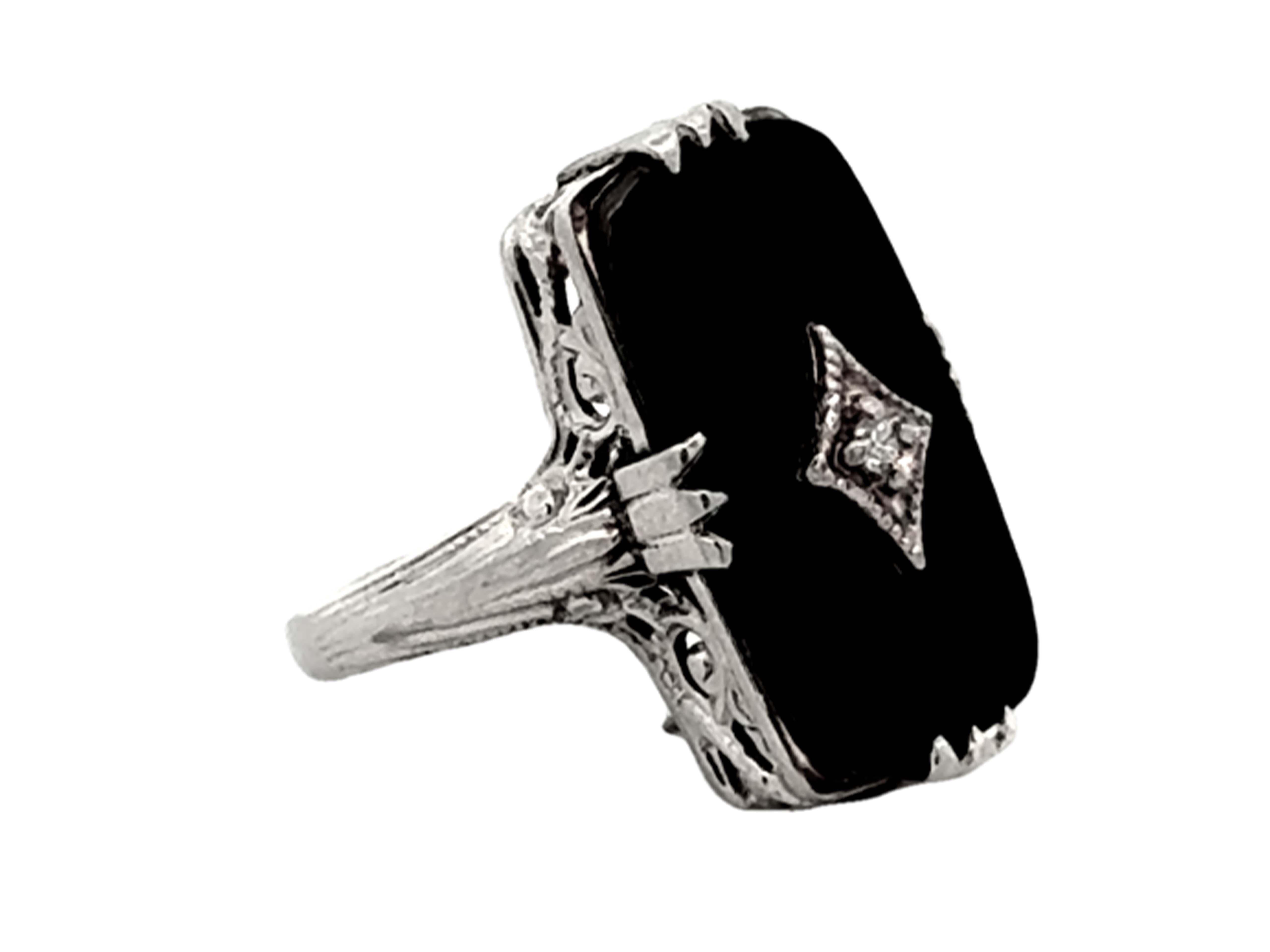 Modern Black Onyx Rectangle Diamond Ring 14K White Gold For Sale