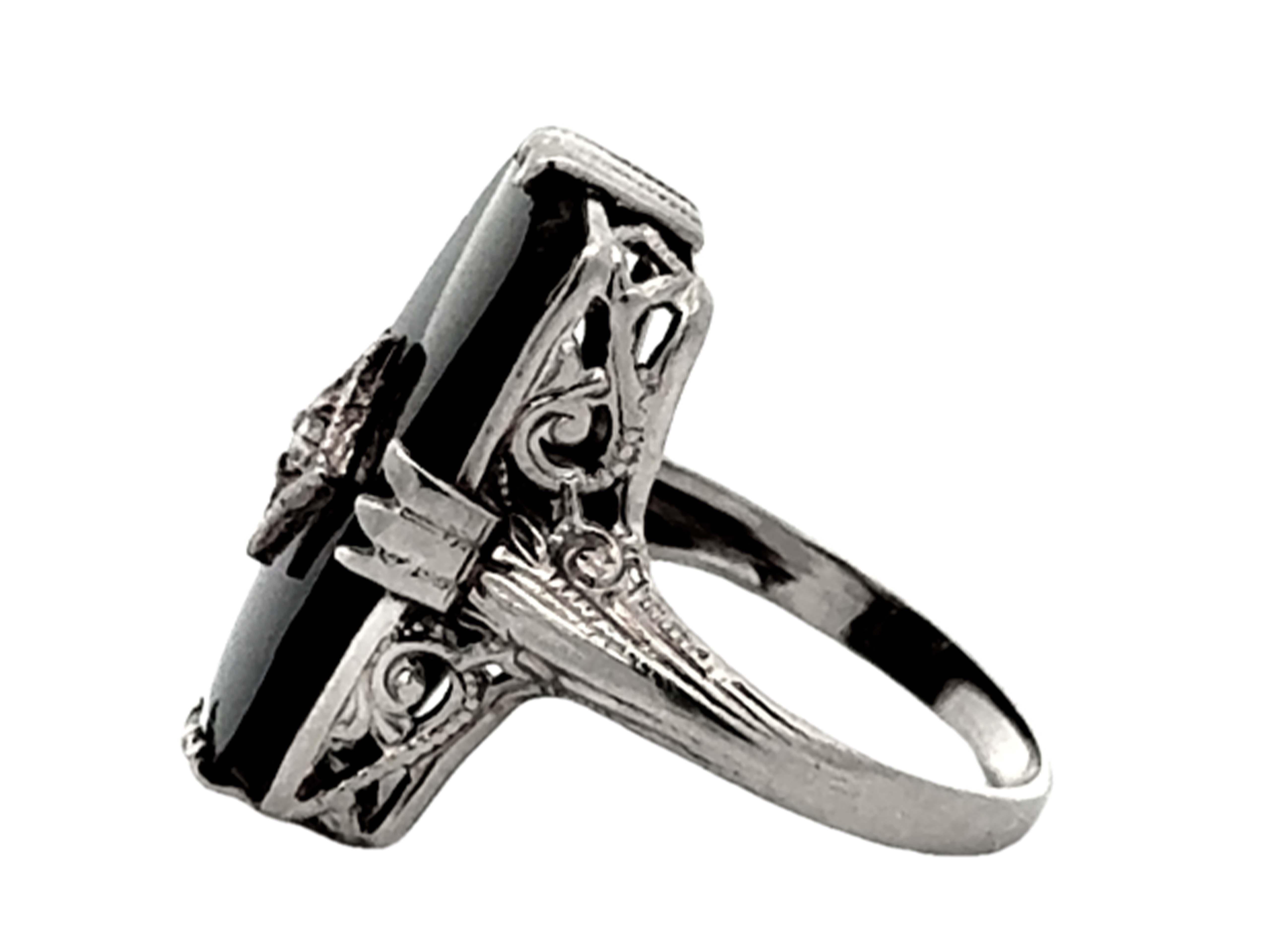 Women's or Men's Black Onyx Rectangle Diamond Ring 14K White Gold For Sale