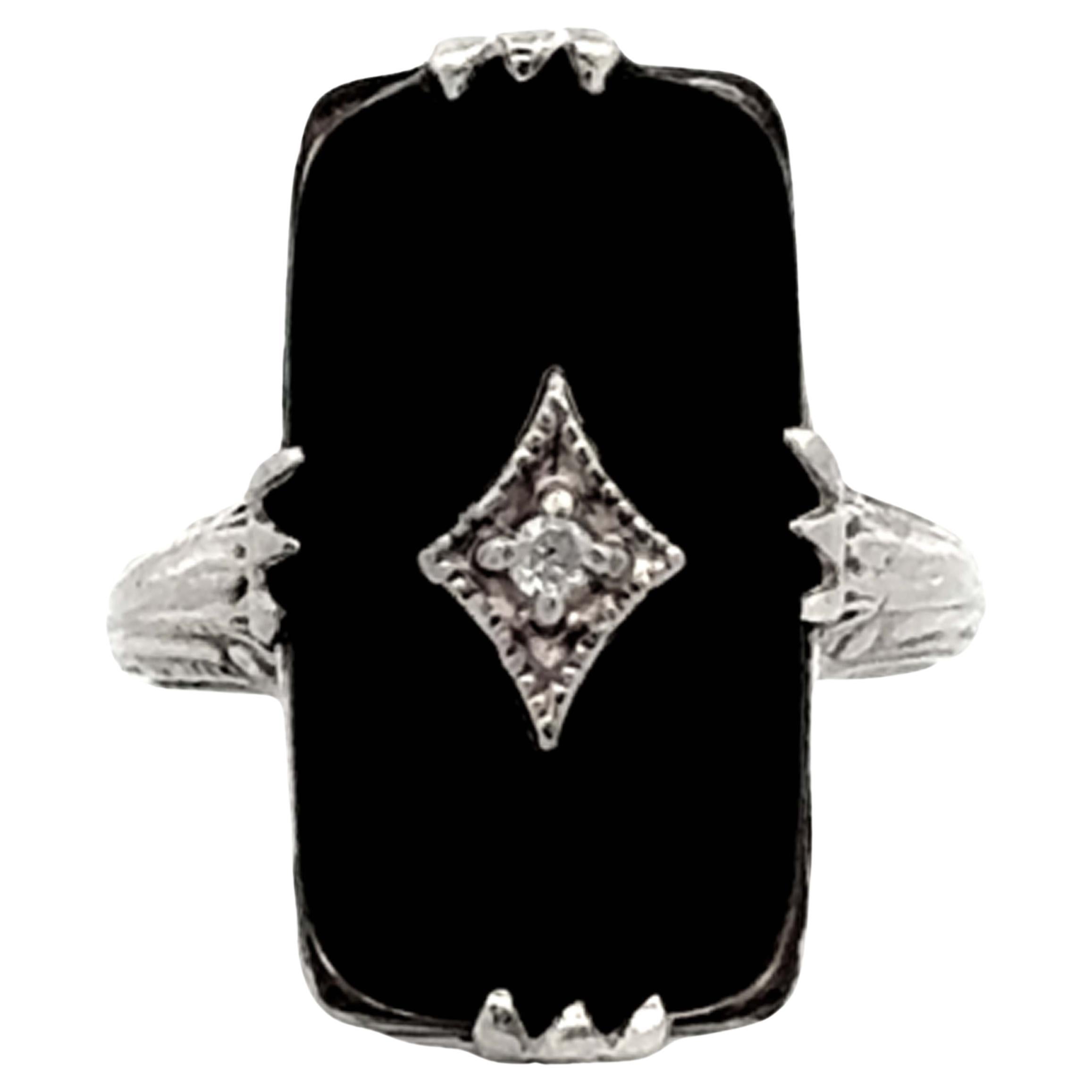 Black Onyx Rectangle Diamond Ring 14K White Gold