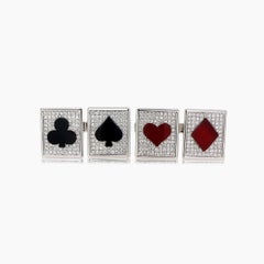 Gemelos de cartas de póquer de ónice negro, ágata roja y diamantes de oro blanco de 18 quilates