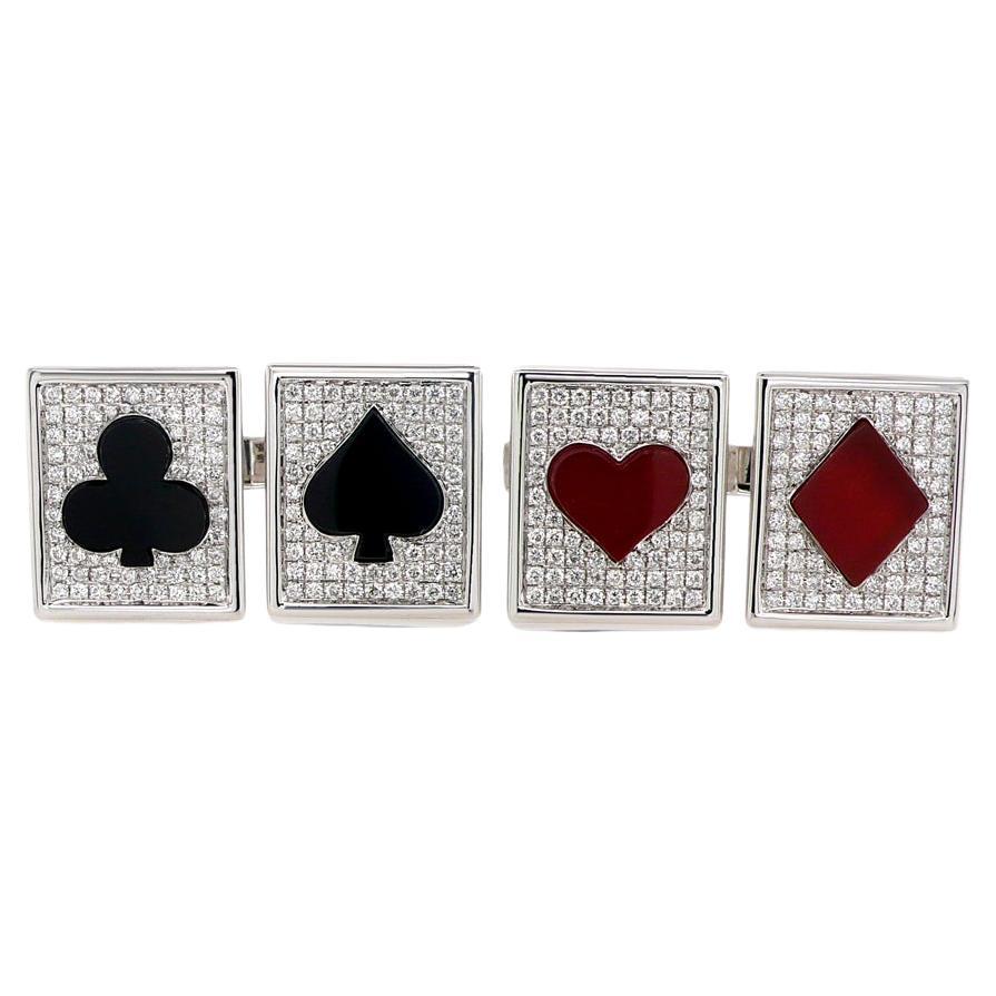 Gemelos de cartas de póquer de ónice negro, ágata roja y diamantes de oro blanco de 18 quilates